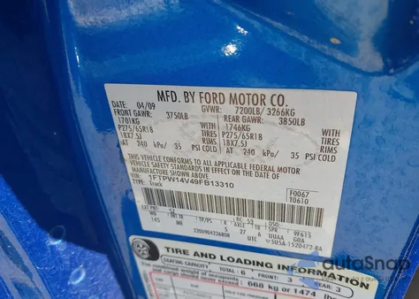 2009 Ford F-150 Fx4/King Ranch/Lariat/Platinum/Xl/Xlt z USA, uszkodzony, nr VIN 1FTPW14V49FB13310